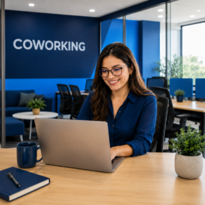 Mujer trabajando en coworking en Cuernavaca con laptop en espacio profesional