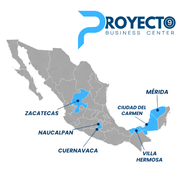 Mapa de México con cobertura nacional de Proyecto 9 Business Center mostrando oficinas virtuales, coworking, oficinas privadas y salas de juntas en Cuernavaca, Naucalpan, Mérida, Villa Hermosa, Ciudad del Carmen y Zacatecas.