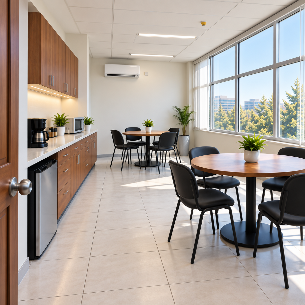 Área de cocina y cafetería con microondas, cafetera y refrigerador en Proyecto 9.