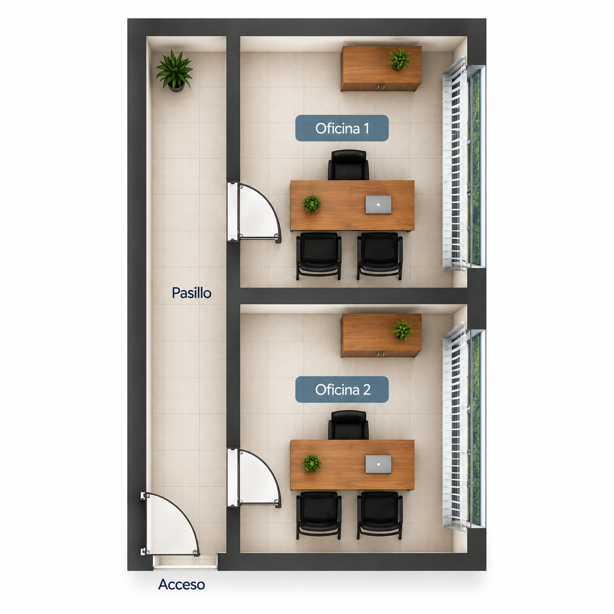 Distribución de doble oficina | Proyecto 9 Cuernavaca Distribución superior de espacio con doble oficina en Cuernavaca