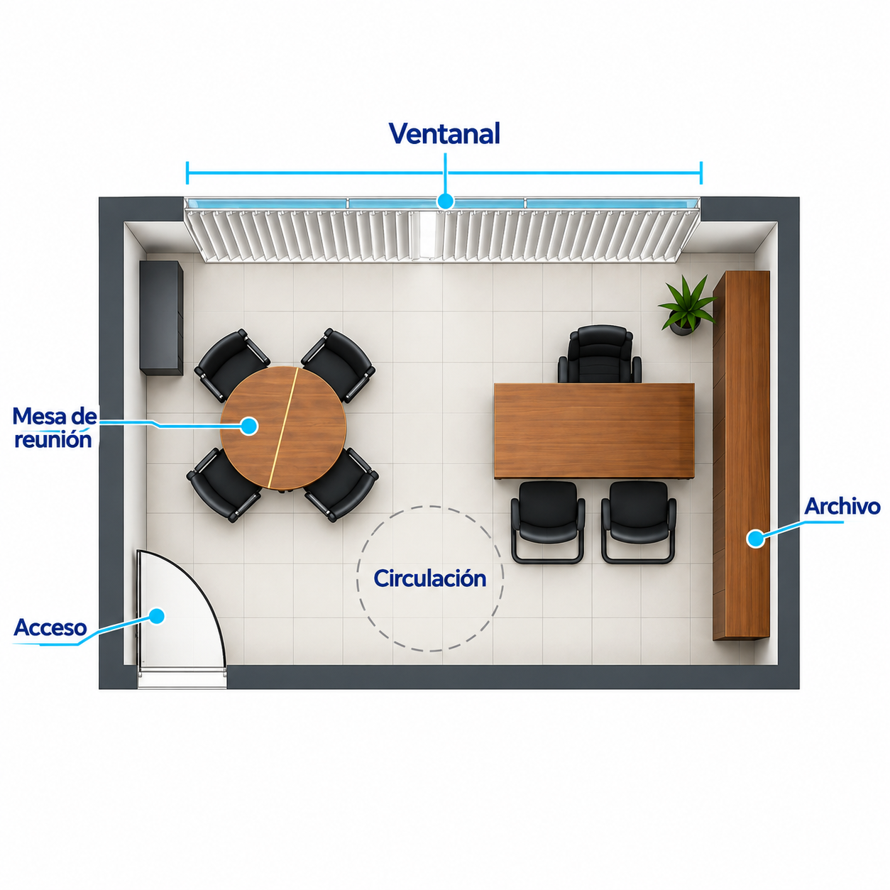 Distribución de oficina privada con sala de juntas en Cuernavaca