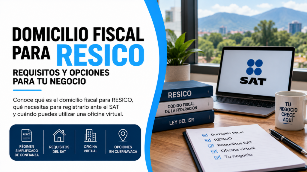 Infografía sobre domicilio fiscal para RESICO con computadora, documentos fiscales y requisitos del SAT.