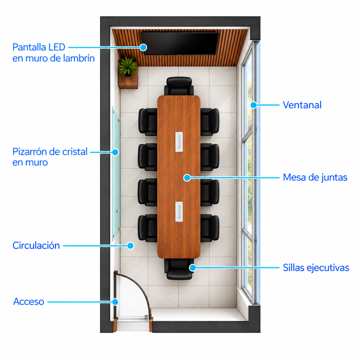 Vista superior de sala de juntas ejecutiva en Cuernavaca para 8 a 10 personas Vista superior de sala de juntas ejecutiva en Cuernavaca para 8 a 10 personas
